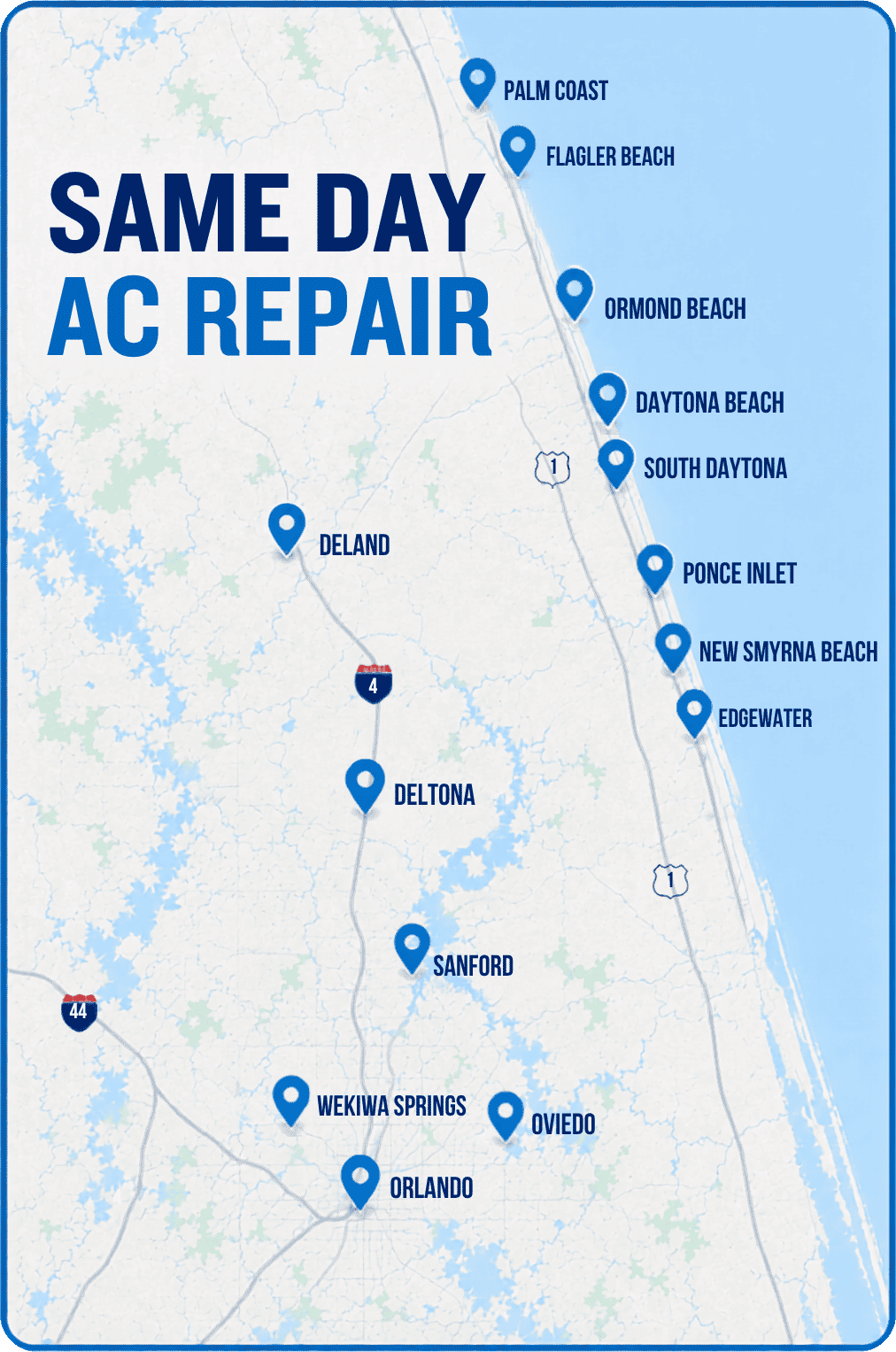 Total Comfort same-day AC repair service-area map across East Central Florida